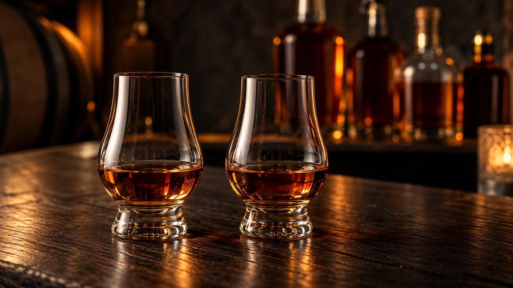 Bourbon tasting glasses on a warmly lit wooden table